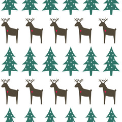 Christmas pattern - Xmas trees, deer and snowflakes. Happy New Year seamless background. Simple vector winter holidays design for textile, wallpaper, wrapping paper, fabric, decor.