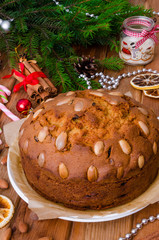 Christmas fruit cake with dried fruit and almonds. Dundee cake.