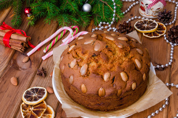 Christmas fruit cake with dried fruit and almonds. Dundee cake.
