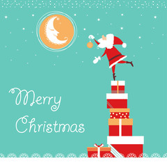 christmas card with Santa and nice moon.Vector blue card illustr