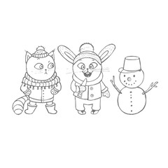 Cute doodle snowman, cat and rabbit going to eat the carrot