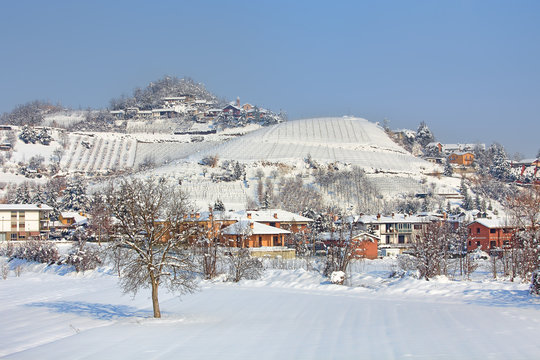 Village covered by snow in Piedmont, Italy.