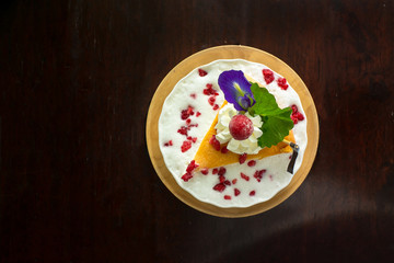 Raspberry Cake Milk and cream cake and iced coffee for holidays