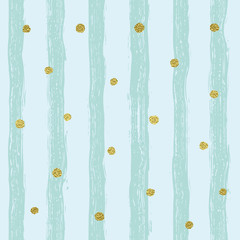 Gold glittering snowflakes seamless pattern on black striped background