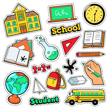 Fashion Badges, Patches, Stickers in Comic Style Education School Theme with Books, Globe and Backpack. Vector Retro Background