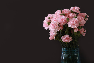 Pink miniature carnations in a teal glass vase and a black background with text copy space available on the left side.