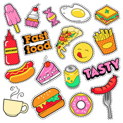 Fast Food Badges, Patches, Stickers - Burger Fries Hot Dog Pizza Donut Junk Food in Comic Style. Vector Doodle