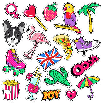 Fashion Girls Badges, Patches, Stickers - Flamingo Bird, Pizza Parrot and Heart in Comic Style. Vector illustration