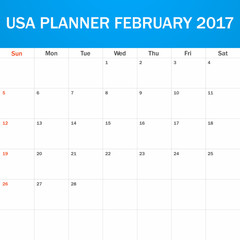 USA Planner blank for February 2017. Scheduler, agenda or diary template. Week starts on Sunday