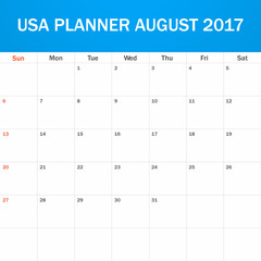 USA Planner blank for August 2017. Scheduler, agenda or diary template. Week starts on Sunday