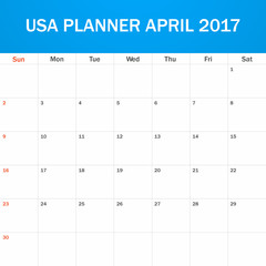USA Planner blank for April 2017. Scheduler, agenda or diary template. Week starts on Sunday