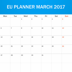 EU Planner blank for March 2017. Scheduler, agenda or diary template. Week starts on Monday
