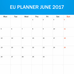 EU Planner blank for June 2017. Scheduler, agenda or diary template. Week starts on Monday