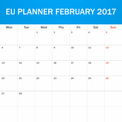 EU Planner blank for February 2017. Scheduler, agenda or diary template. Week starts on Monday