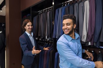 Handsome Business Man Fashion Shop, Customers Choosing Suit Clothes In Retail Store Young People Shopping Formal Wear