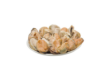 Marine mussels on a white saucer