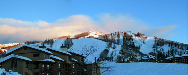 Alpine glow on Steamboat Springs ski area, after sunset Colorado