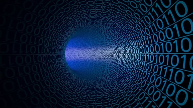 POV flight through abstract blue tunnel made with zeros and ones. Hi-tech motion background. IT, binary data transfer, digital technologies concepts. 4K seamless loop clip