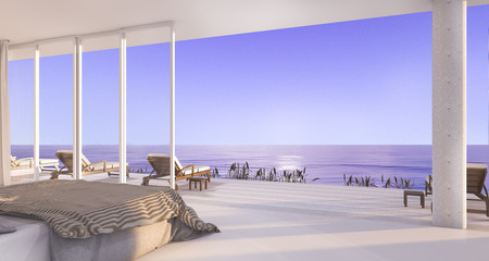 3d rendering luxury villa bedroom near beach with beautiful evening scene from window