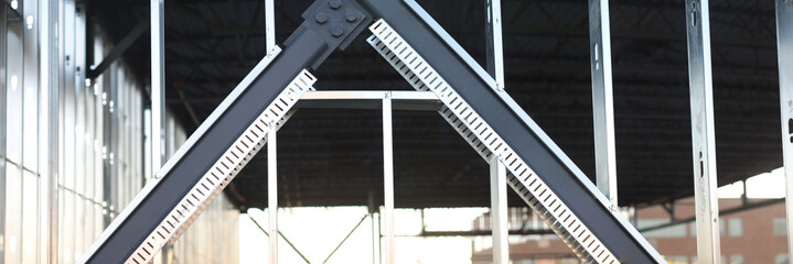 metal beam structure on construction site, iron steel architecture 
