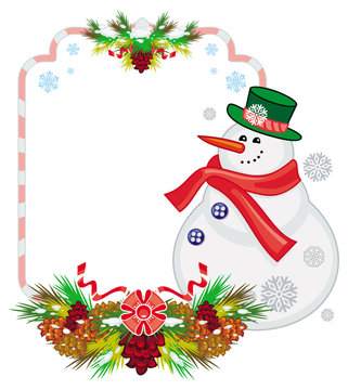Holiday frame with snowman, pine branches and cones. 