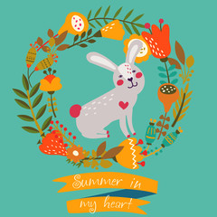 Cute sweet bunny with flowers