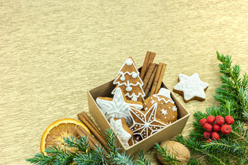 gingerbreads in christmas gift box, fruits, nuts and fir tree branches on gold background