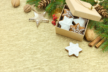 christmas gingerbread cookies in gift box, nuts and spices on gold wrapping paper background