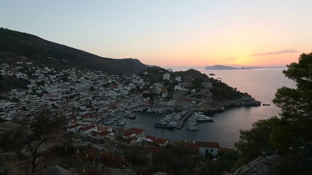 Top view of Hydra island, at dusk. Greece.