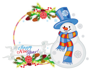 Frame with snowman, pine branches, cones and greeting text:"Happy New Year!"