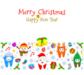 Cute cartoon tooth characters with Christmas elements background. Character of Reindeer, Santa Claus, snowflake, Xmas tree,Snowman. Illustration. Great for special event celebration.