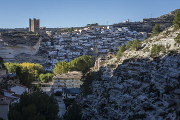 Fototapeta na wymiar Side view of the village, on top of limestone mountain, Spain