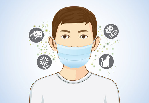 Boy wearing breath mask for protect something that cause allergic reactions include pollen, dust particles and animal, bacteria.