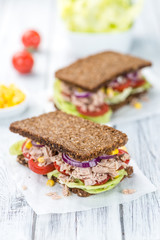 Fresh made Tuna sandwich with wholemeal bread (selective focus)