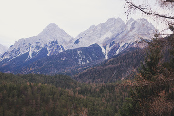 Picture of classic beautiful vibrant Austrian landscape mountain road view with Alps mountains, bridge, cows, meadows and village, Austria