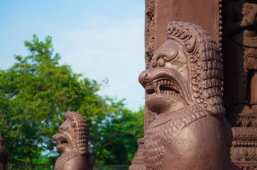 Statues of mythical creatures. Mythical animal keeper sanctuary. Huay Kaew temple in Lopburi, Thailand.
