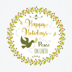 Green and golden Happy Holidays, Peace on Earth floral circle border decoration emblem on white background