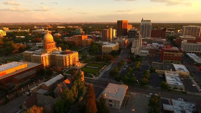 An orange glow covers downtown at sunset in Boise