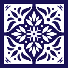 Gordijnen Blue white tile vector. Delft dutch or portugal tiles pattern with indigo and white ornaments. © irinelle