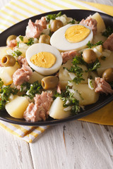 Boiled potato with tuna, eggs, olives dressed with sauce closeup on a plate. Vertical