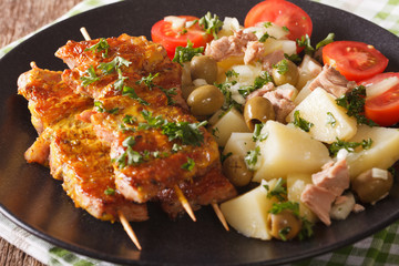 Spanish kebab Pinchos Morunos and potato with tuna and herbs closeup. horizontal