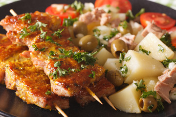 Spanish Pork Kabobs - Pinchos Morunos and Potatoes salad closeup. horizontal