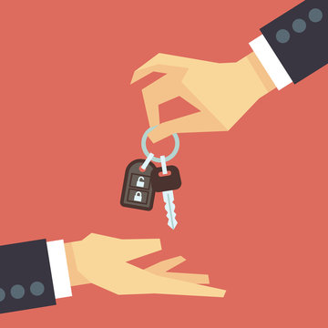 Hand giving car key. Vector rent and sale flat concept