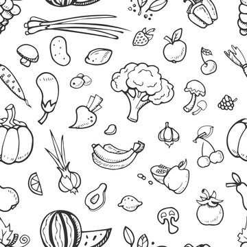 Fruit and vegetable, vegan food doodle, sketch vector seamless background