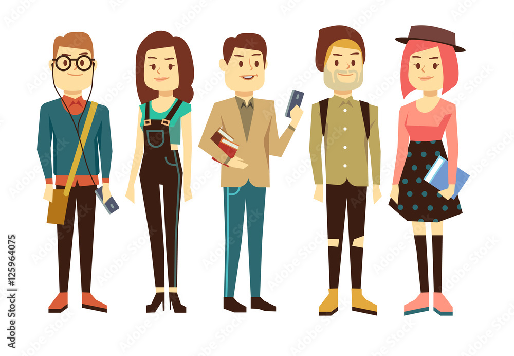 Wall mural teenagers, students with gadgets and books vector characters set