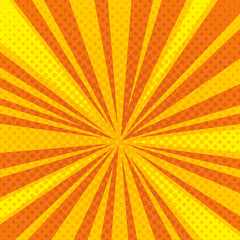 Pop art cartoon retro blast, sunburst vector background with halftone dotted texture