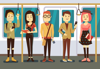 Fototapeta premium Man and woman with smartphone, gadgets book in public transport vector illustration