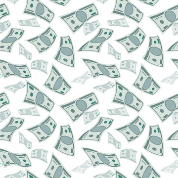 Money wind stream, paper cash tornado finance concept. seamless flying dollars background