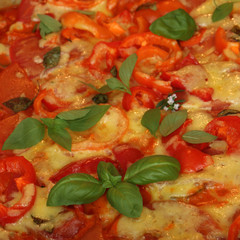 pizza Margherita made at home with Basil, cheese and tomatoes