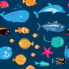 Seamless pattern with cute sea exotic fish
